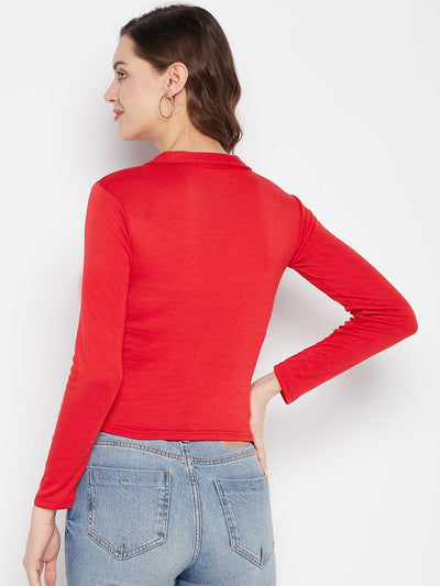 Red solid full sleeves crop top with shirt collar, casual wear.