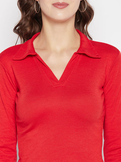 Red solid full sleeves crop top with shirt collar and casual style.