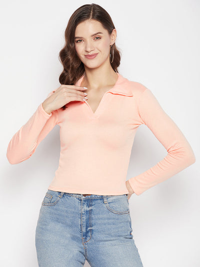 Peach solid full sleeves crop top with collar neck and casual wear design.