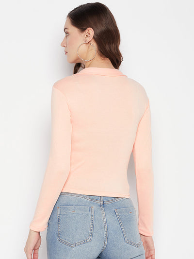 Peach solid full sleeves crop top with collar neck, casual wear.