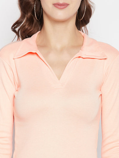 Peach solid full sleeves crop top with collar neck, casual knitted design.