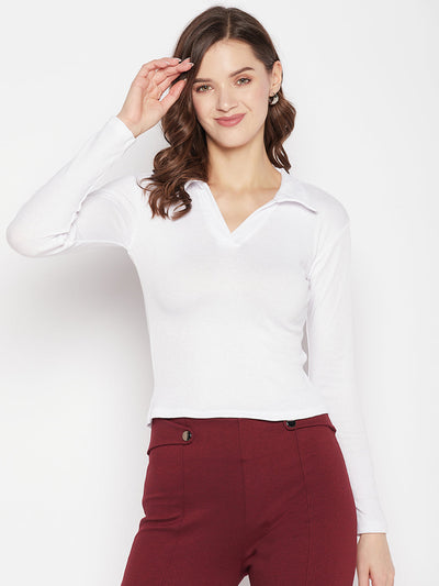 White solid full sleeves crop top with collar neck.