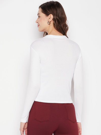 White solid full sleeves crop top with collar neck, casual wear.