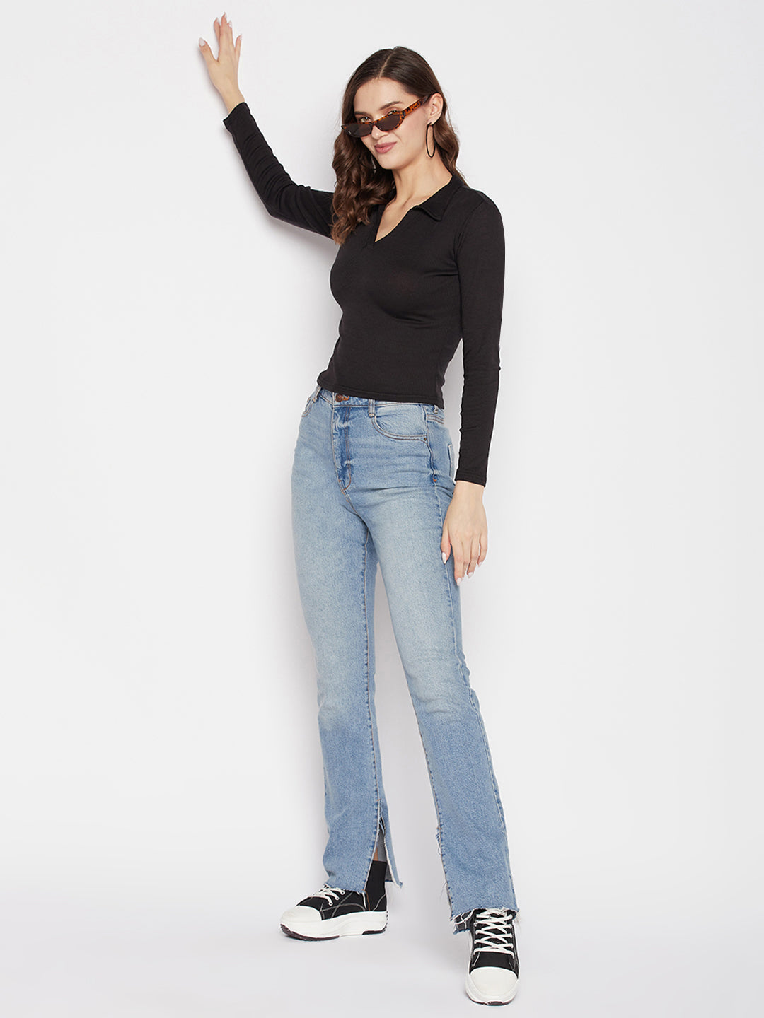Black solid full sleeves crop top with collar neck, casual wear.