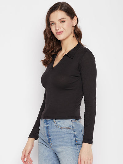 Black solid full sleeves crop top with collar neck, casual wear.