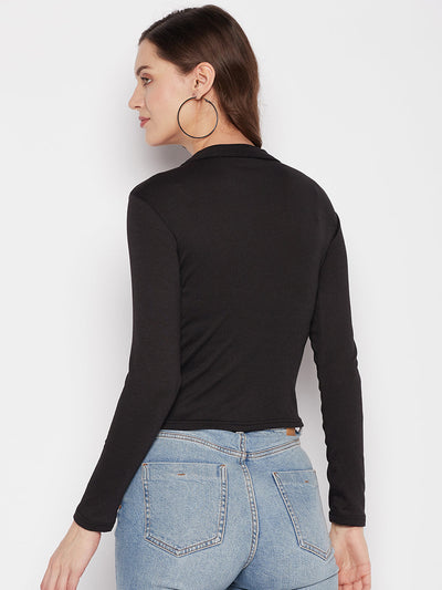 Black solid full sleeves crop top with collar neck, casual wear.