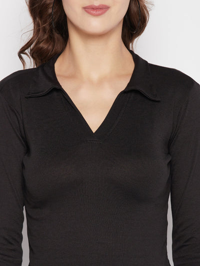 Black solid full sleeves crop top with collar neck.