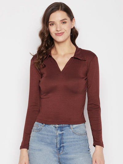 Coffee solid full sleeves crop top with collar neck, knitted casual wear.