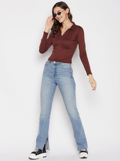 Coffee solid full sleeves crop top with collar neck, casual wear.