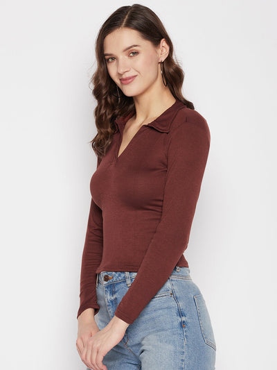 Coffee solid full sleeves crop top with collar neck and casual style.
