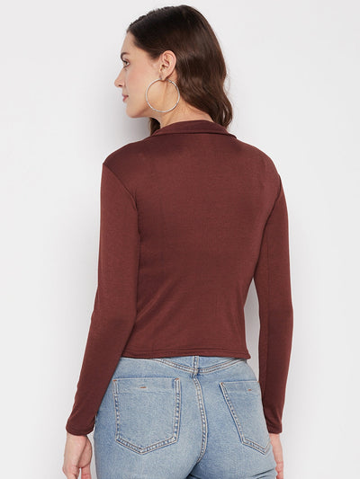 Coffee solid full sleeves crop top with collar neck, knitted fabric, casual wear.