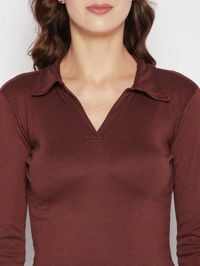 Coffee solid full sleeves crop top with collar neck, casual wear.