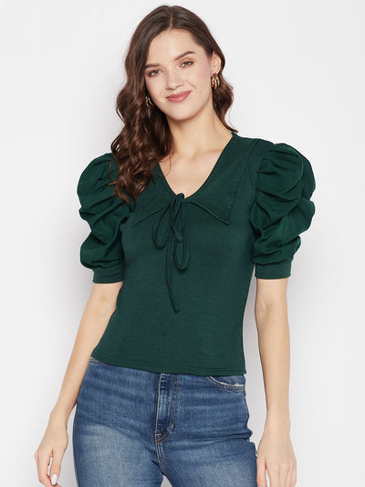 Bottle Green Solid Puff Sleeves Crop Top with Tie Knot Collar