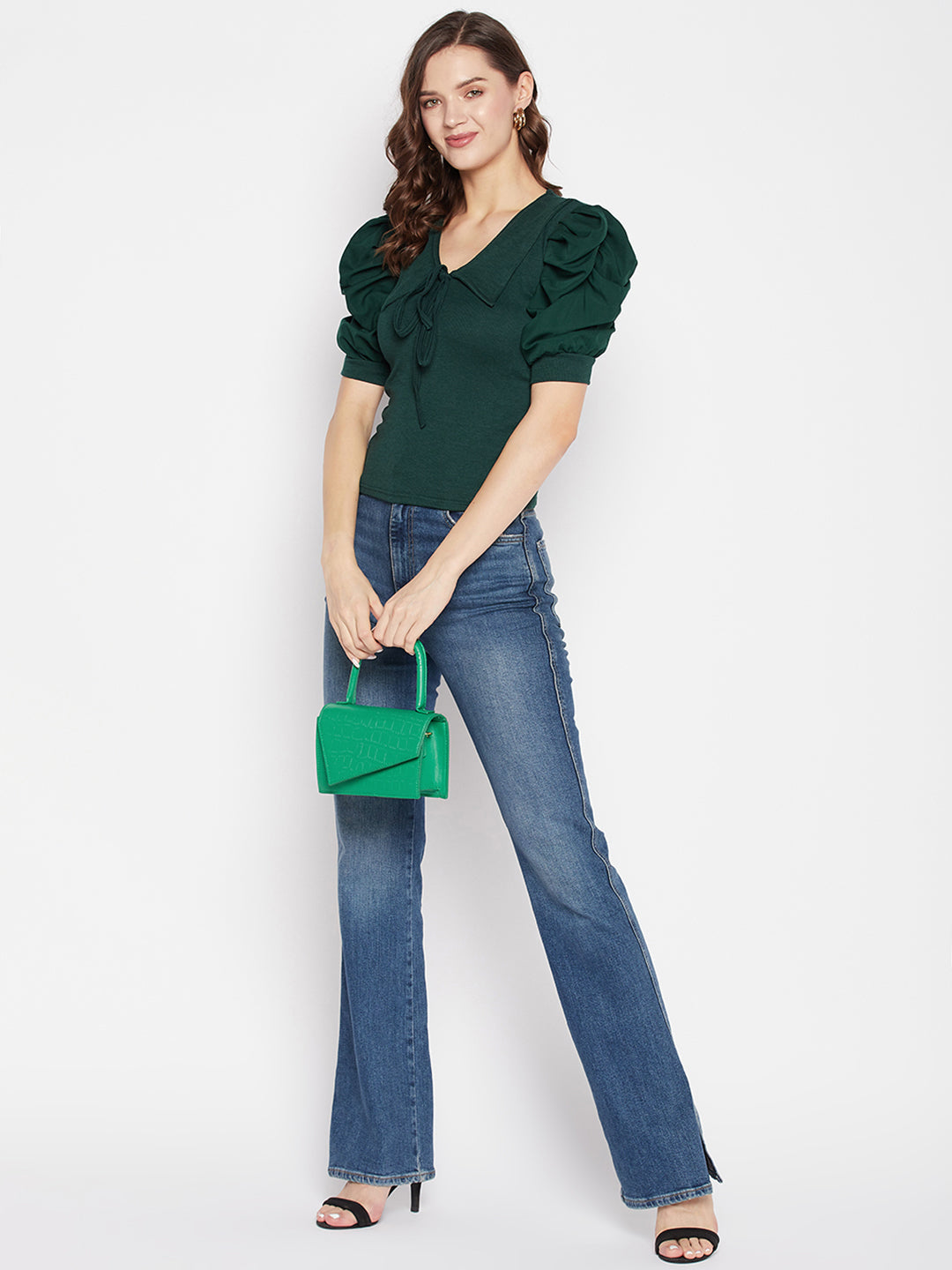 Bottle Green Solid Puff Sleeves Crop Top with Tie Knot Collar and Puff Sleeves.