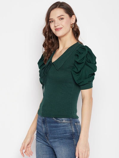 Bottle Green Solid Puff Sleeves Crop Top with Tie Knot Collar.