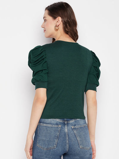 Bottle Green Solid Puff Sleeves Crop Top with Tie Knot Collar, Casual Wear.