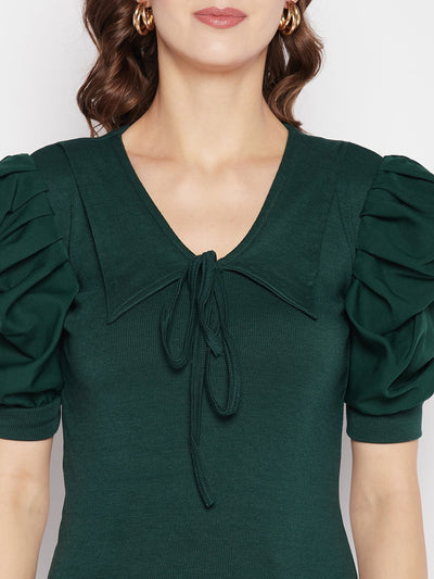 Bottle green solid puff sleeves crop top with tie knot collar.