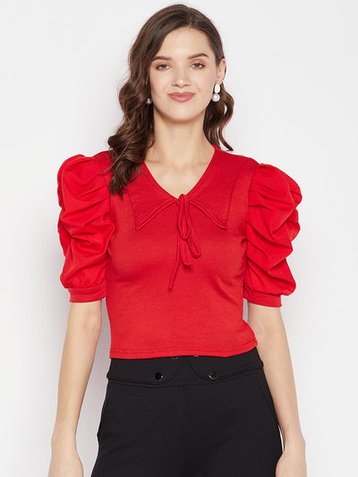 Clora Red Solid Puff Sleeves Crop Top