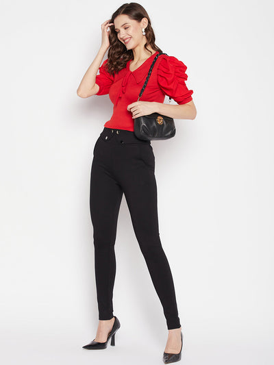 Clora Red Solid Puff Sleeves Crop Top