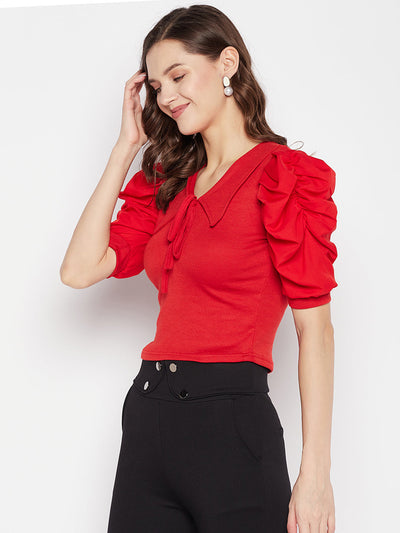 Clora Red Solid Puff Sleeves Crop Top
