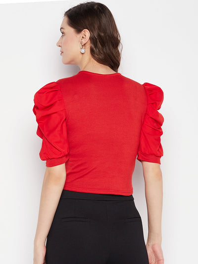 Clora Red Solid Puff Sleeves Crop Top