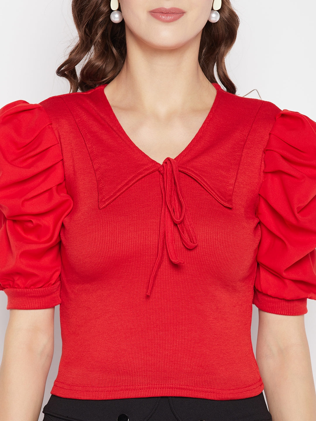 Clora Red Solid Puff Sleeves Crop Top
