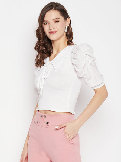 White solid puff sleeves crop top with tie knot collar.