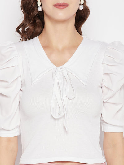 White solid puff sleeves crop top with tie knot collar.