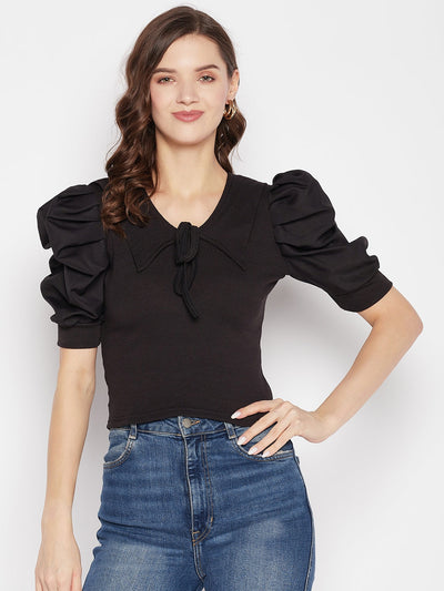Black solid puff sleeves crop top with tie knot collar.