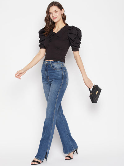 Black solid puff sleeves crop top with tie knot collar.