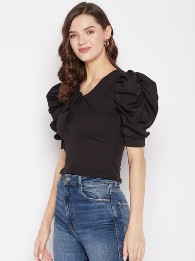 Black solid puff sleeves crop top with tie knot collar and casual wear design.
