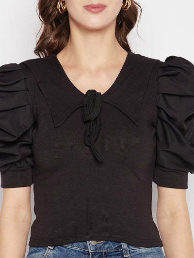 Black solid puff sleeves crop top with tie knot collar.