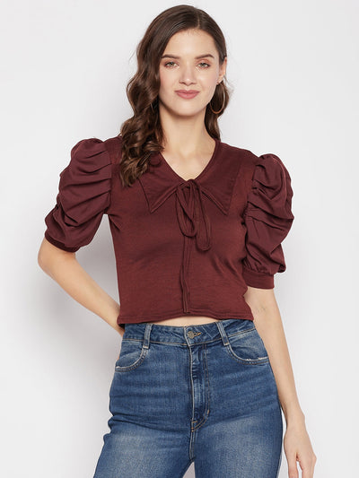 Coffee solid puff sleeves crop top with tie knot collar, casual wear.