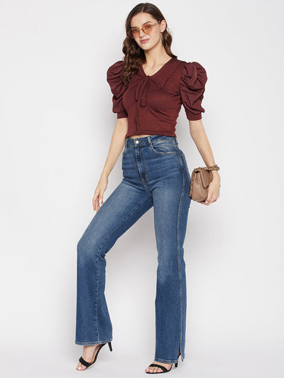 Coffee solid puff sleeves crop top with tie knot collar and casual style.
