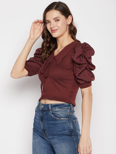 Coffee solid puff sleeves crop top with tie knot collar.
