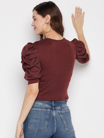 Coffee solid puff sleeves crop top with tie knot collar.