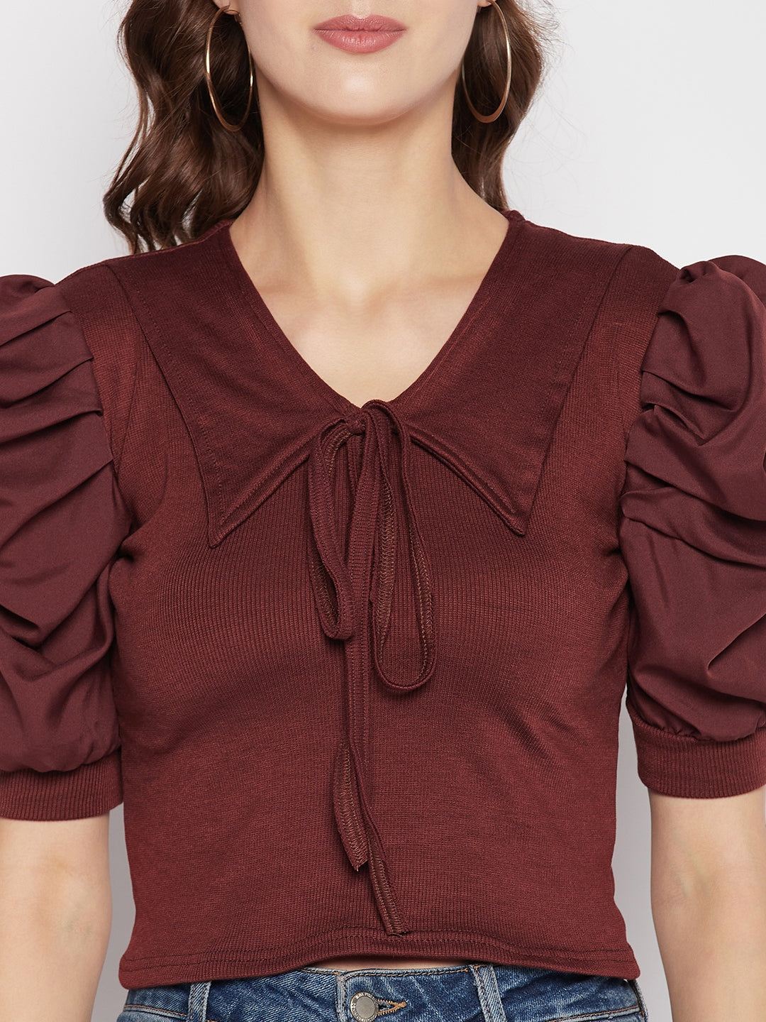 Coffee solid puff sleeves crop top with tie knot collar and casual style.