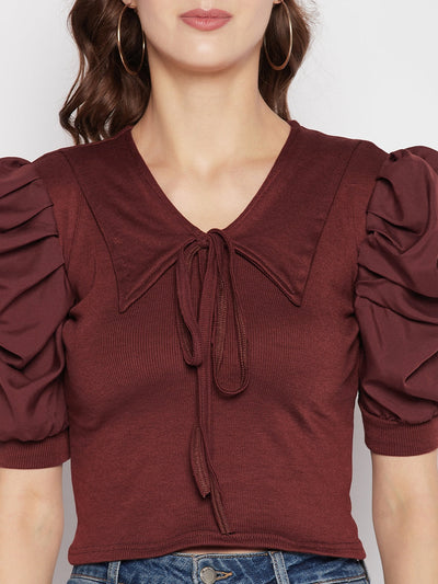Coffee solid puff sleeves crop top with tie knot collar and casual style.