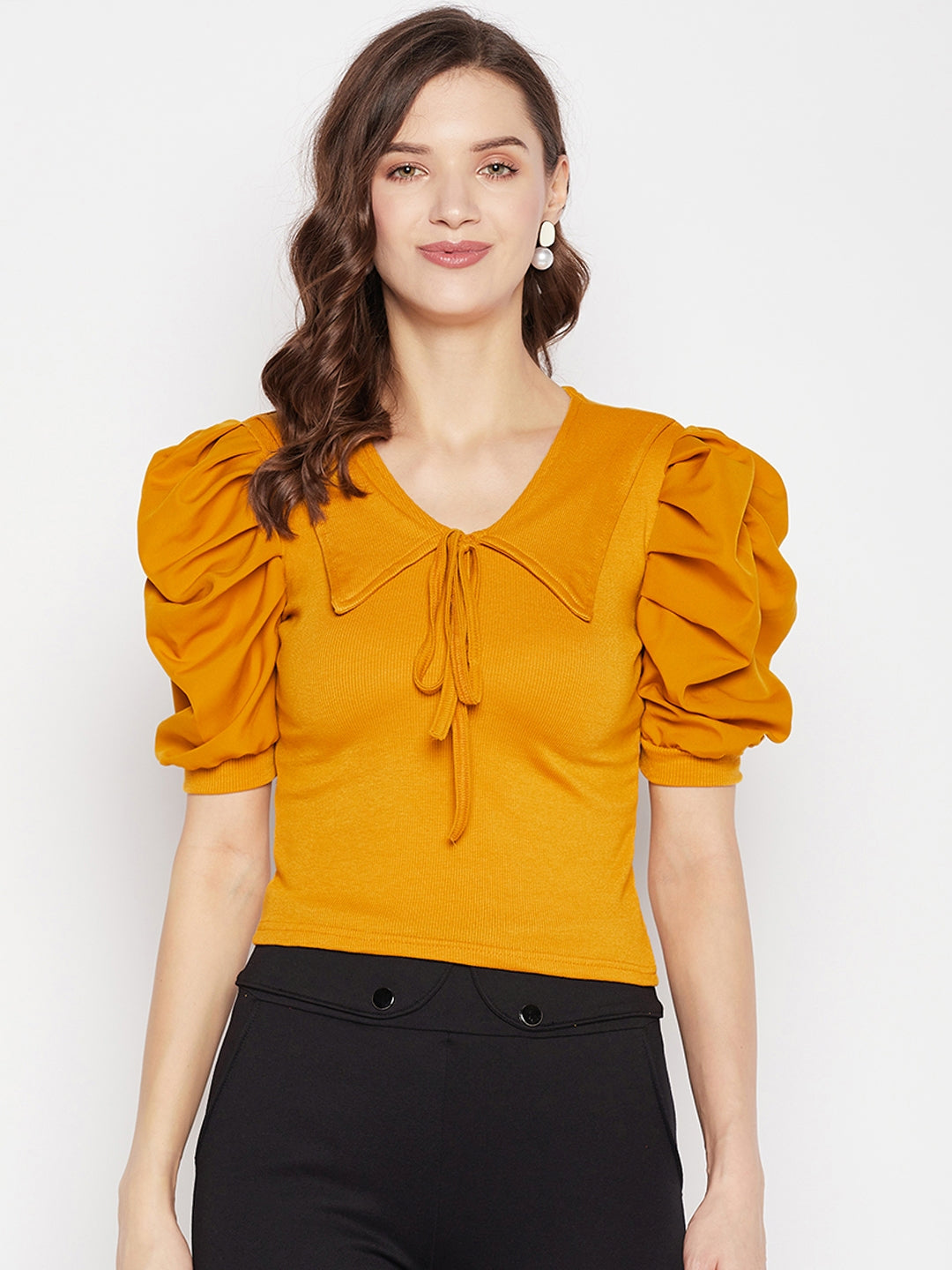 Mustard solid puff sleeves crop top with tie knot collar and casual wear design.