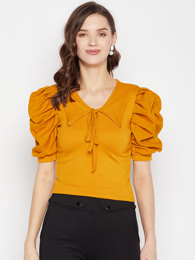 Mustard solid puff sleeves crop top with tie knot collar and casual wear design.