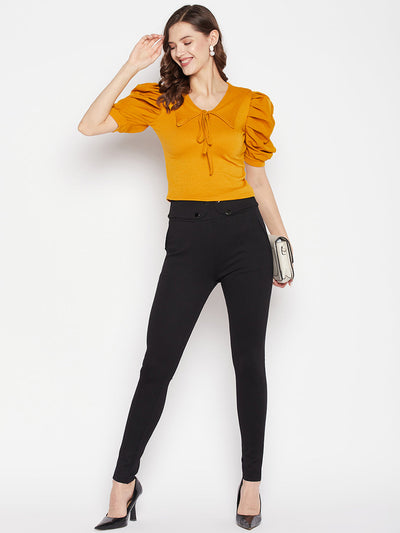 Mustard solid puff sleeves crop top with tie knot collar, casual wear.