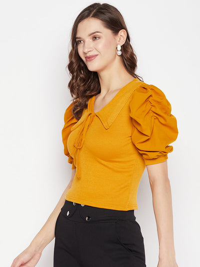 Mustard solid puff sleeves crop top with tie knot collar.