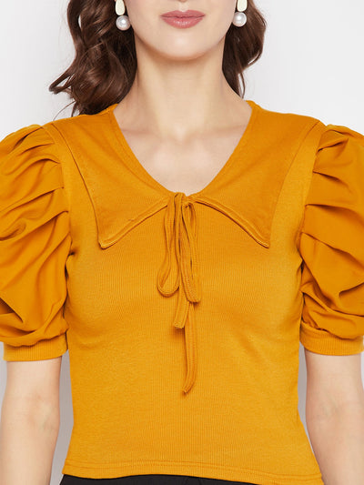 Mustard solid puff sleeves crop top with tie knot collar.