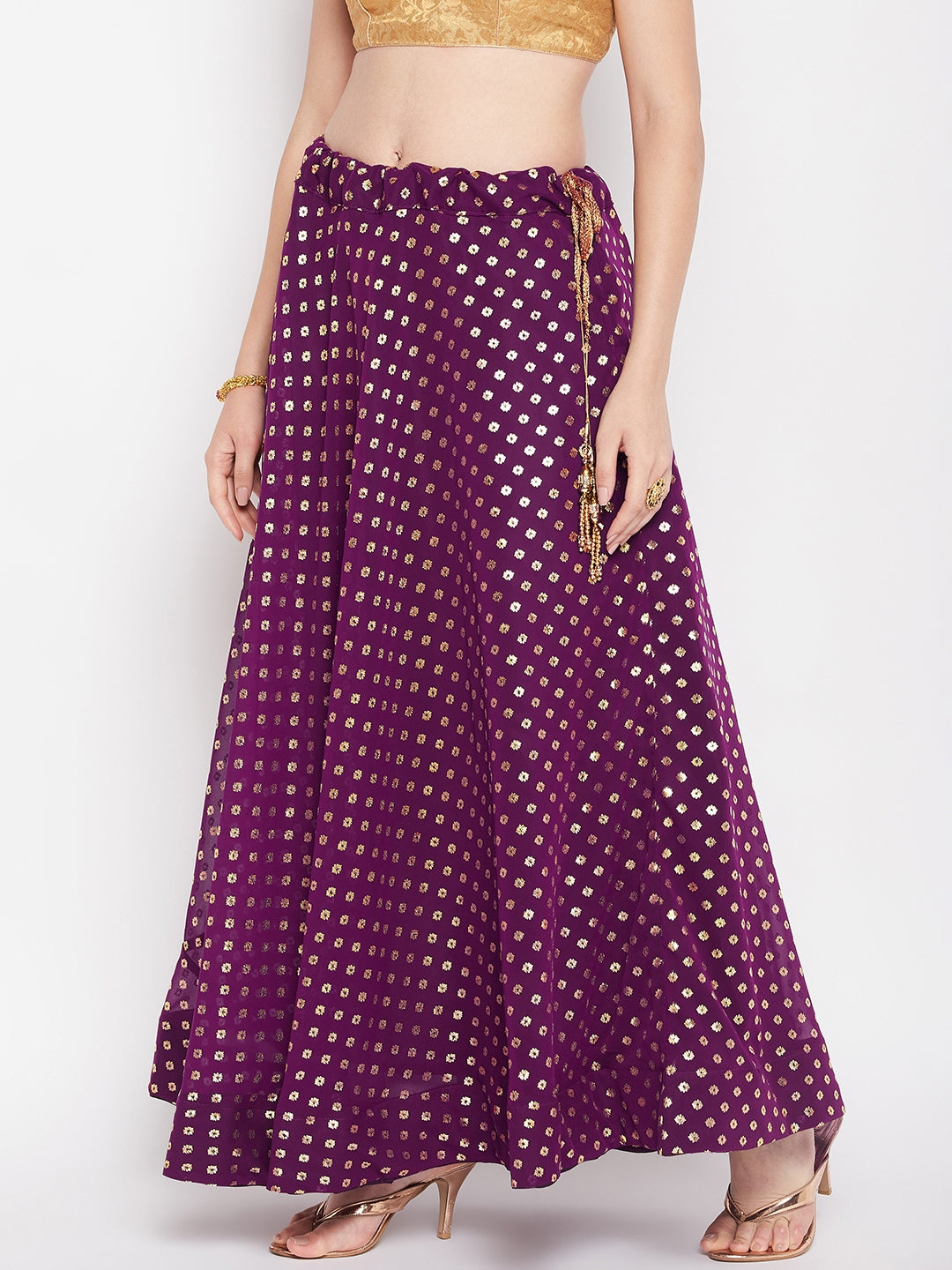 Clora Wine Printed Georgette Flared Skirt