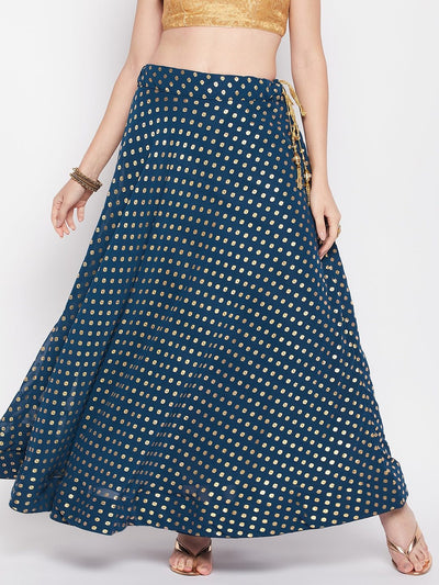 Peacock blue foil printed georgette flared skirt with drawstring closure.