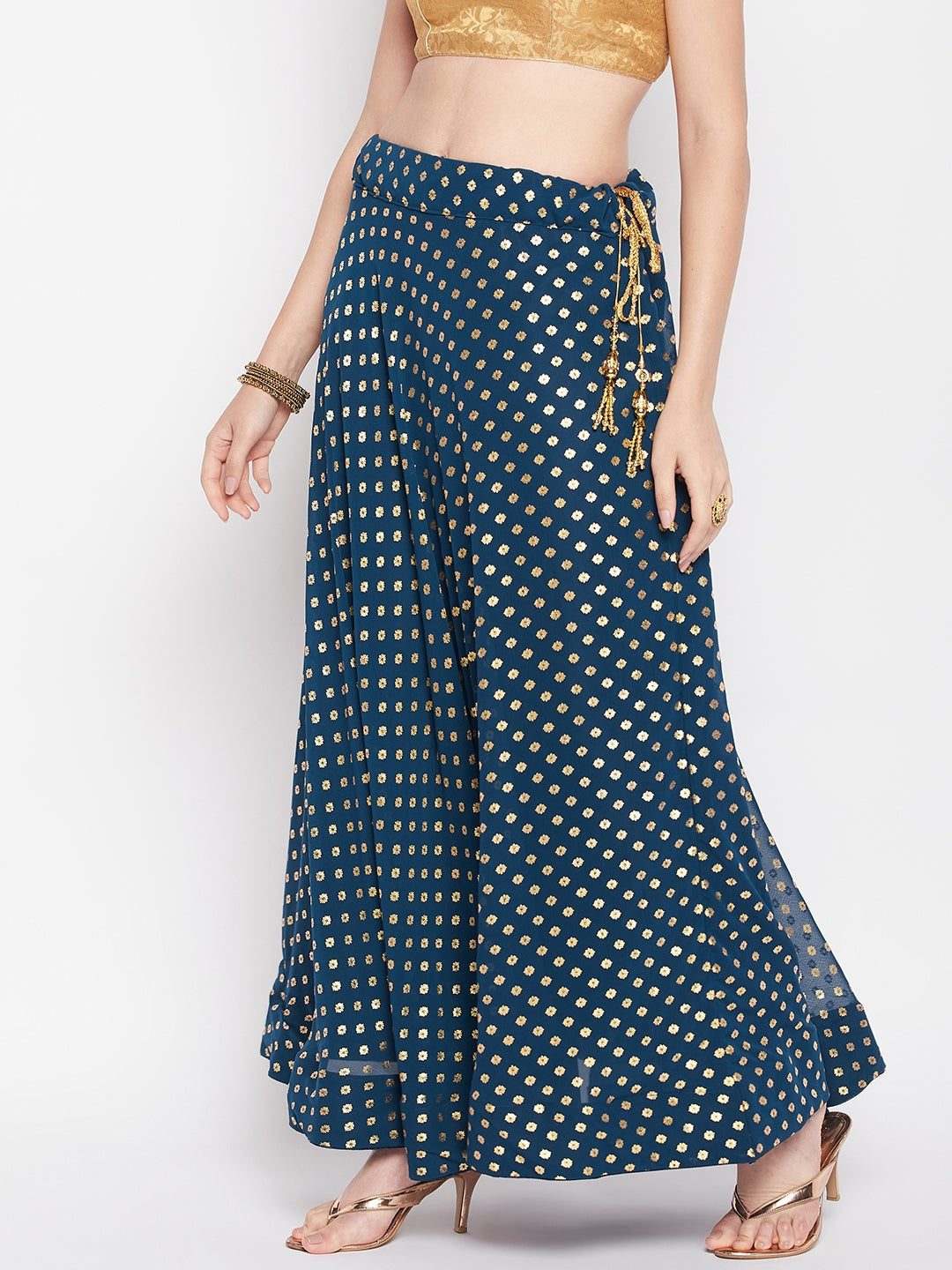 Clora Peacock Blue Foil Printed Georgette Flared Skirt