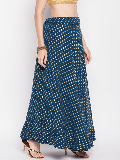 Peacock Blue Foil Printed Georgette Flared Skirt with Drawstring Closure