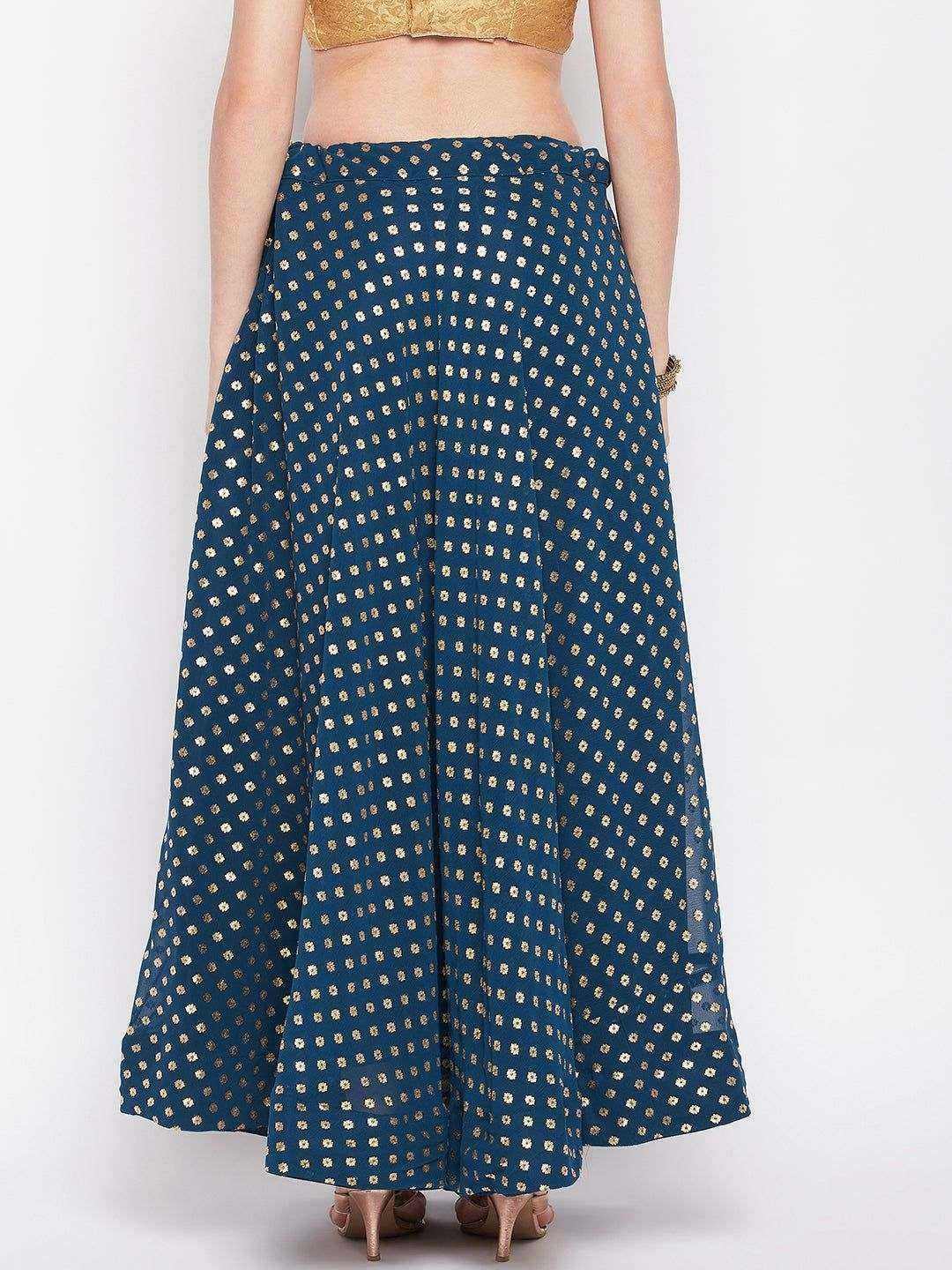 Peacock blue foil printed georgette flared skirt with drawstring closure and lining.
