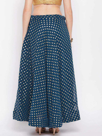 Peacock blue foil printed georgette flared skirt with drawstring closure and lining.
