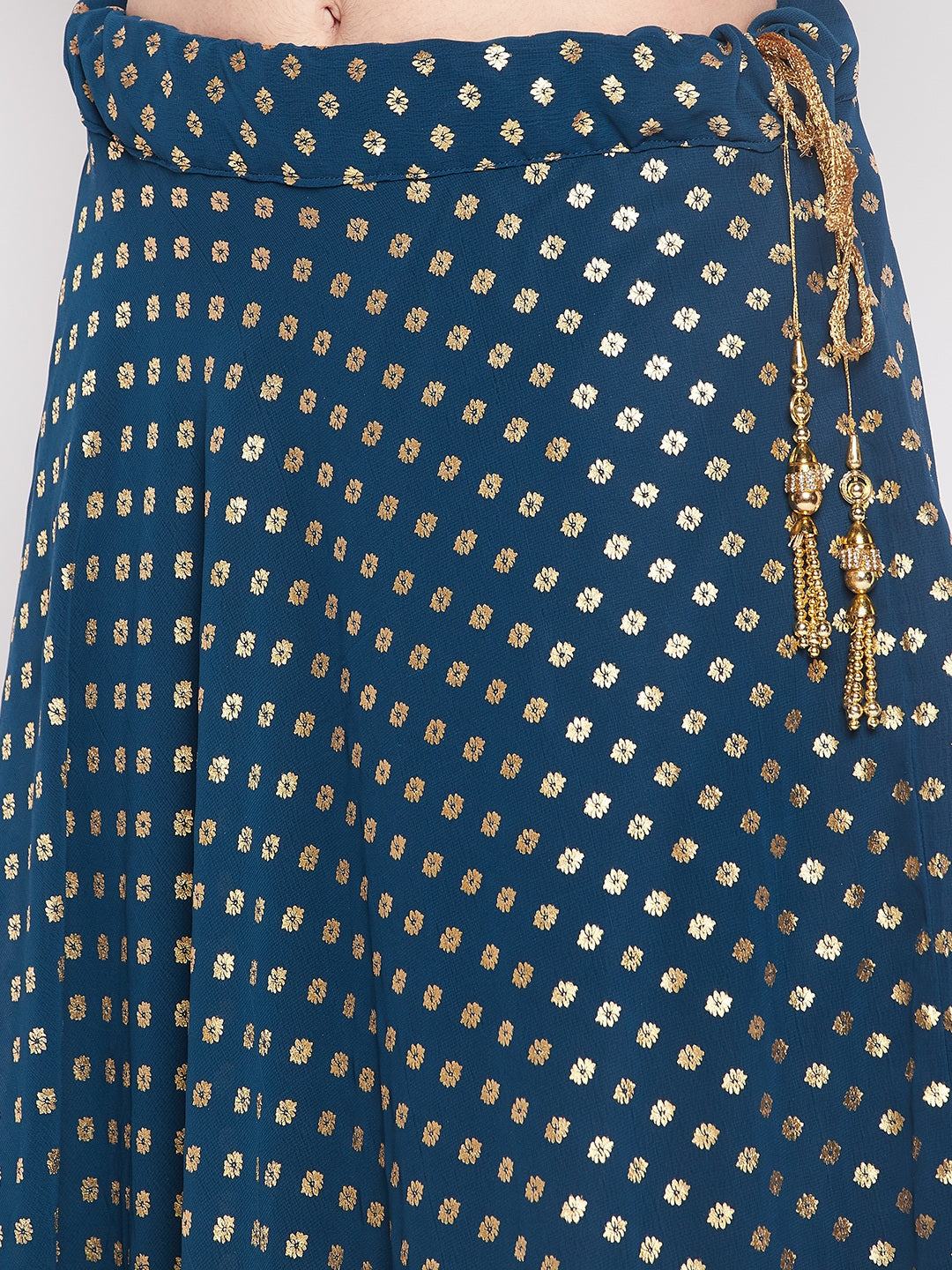 Peacock Blue Foil Printed Georgette Flared Skirt with Drawstring Tassels